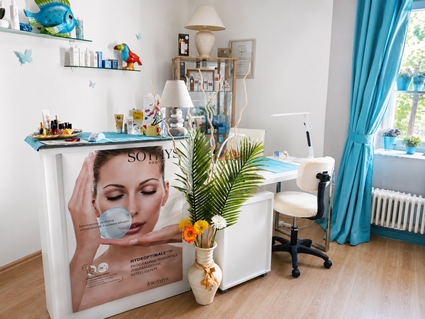 Espace d’accueil de l’institut Bernex Esthétique avec produits de soin Sothys