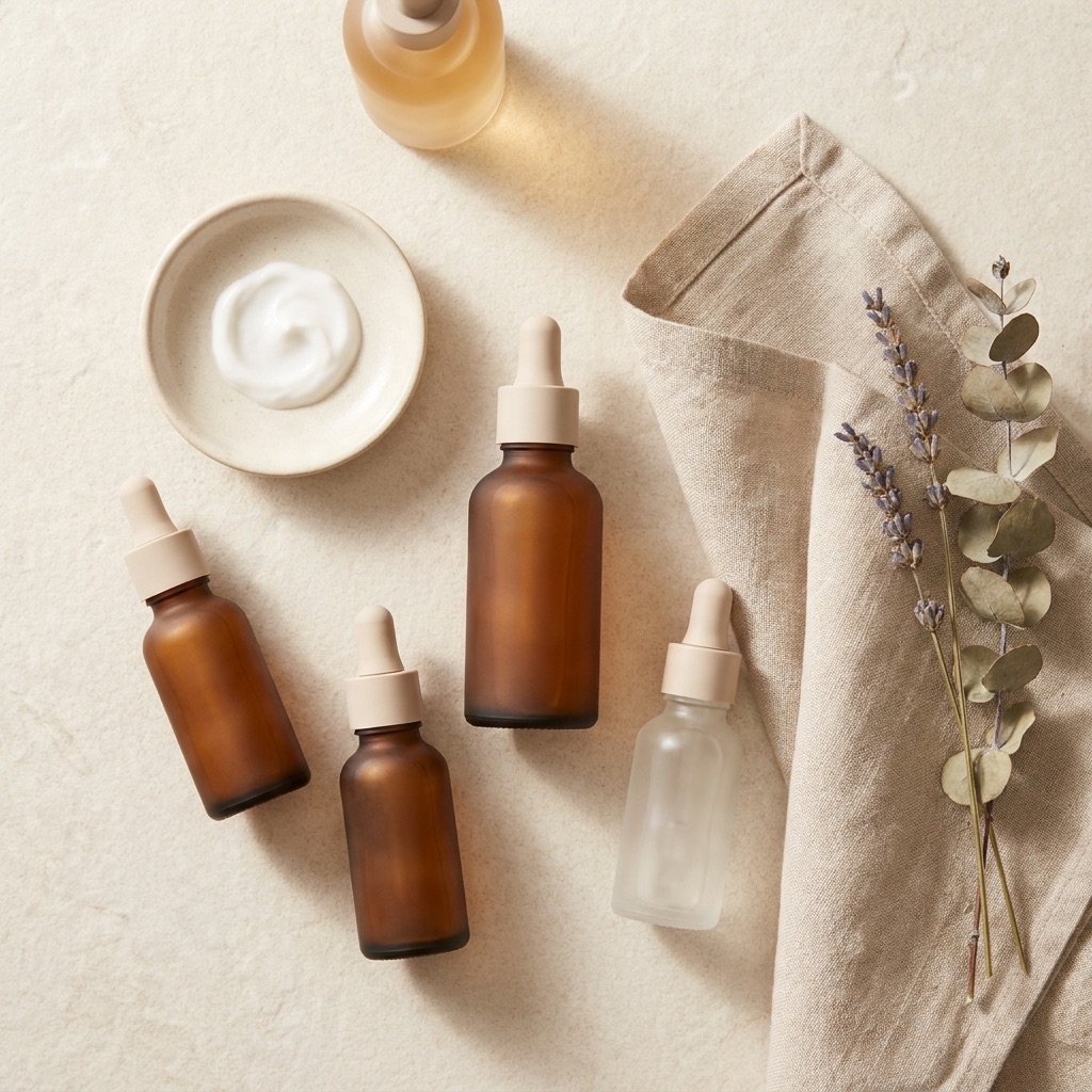 Sélection de produits de beauté en flacons ambrés sur lin naturel